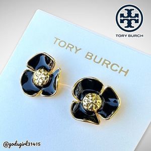 NWT Tory Burch 18K Gold-Plated Fleur Logo Earrings Black/Gold $88